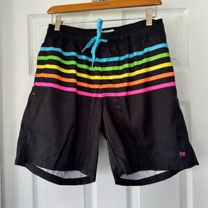 Tipsy Elves Black Board Shorts with Vibrant Stripes Medium
